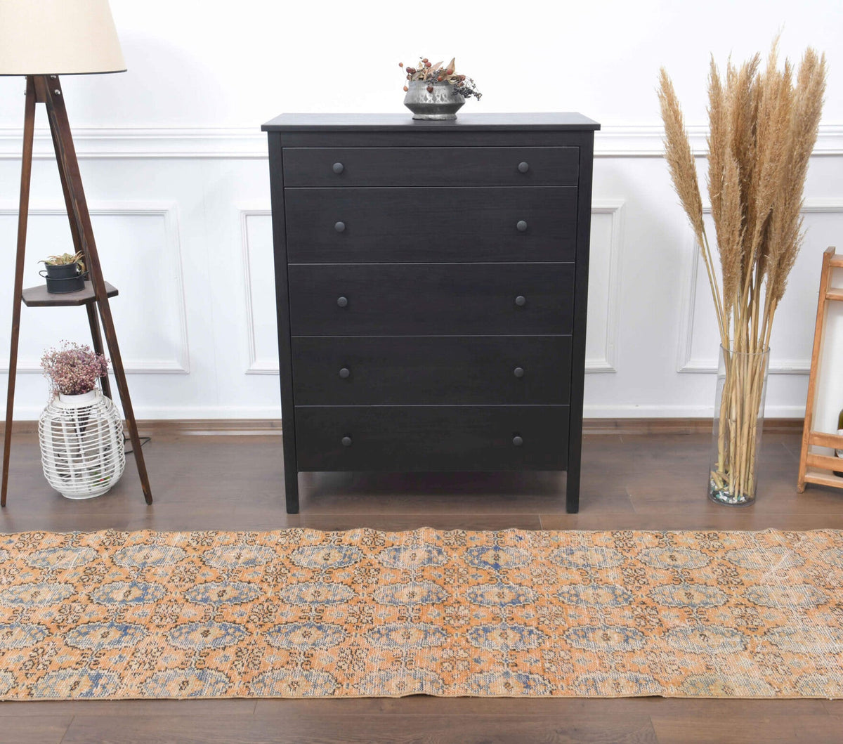 Antre ve koridor için çiçek desenli el dokuma vintage yolluk – 78x350 cm
