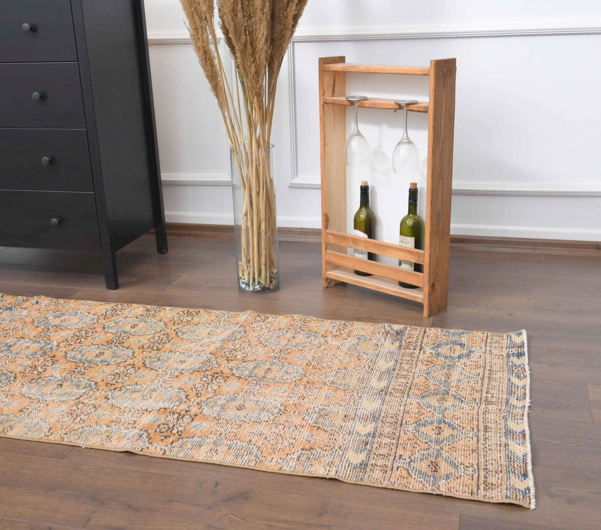 Vintage yolluk 78x350 cm – turuncu ve kahverengi çiçek desenli, el dokuma