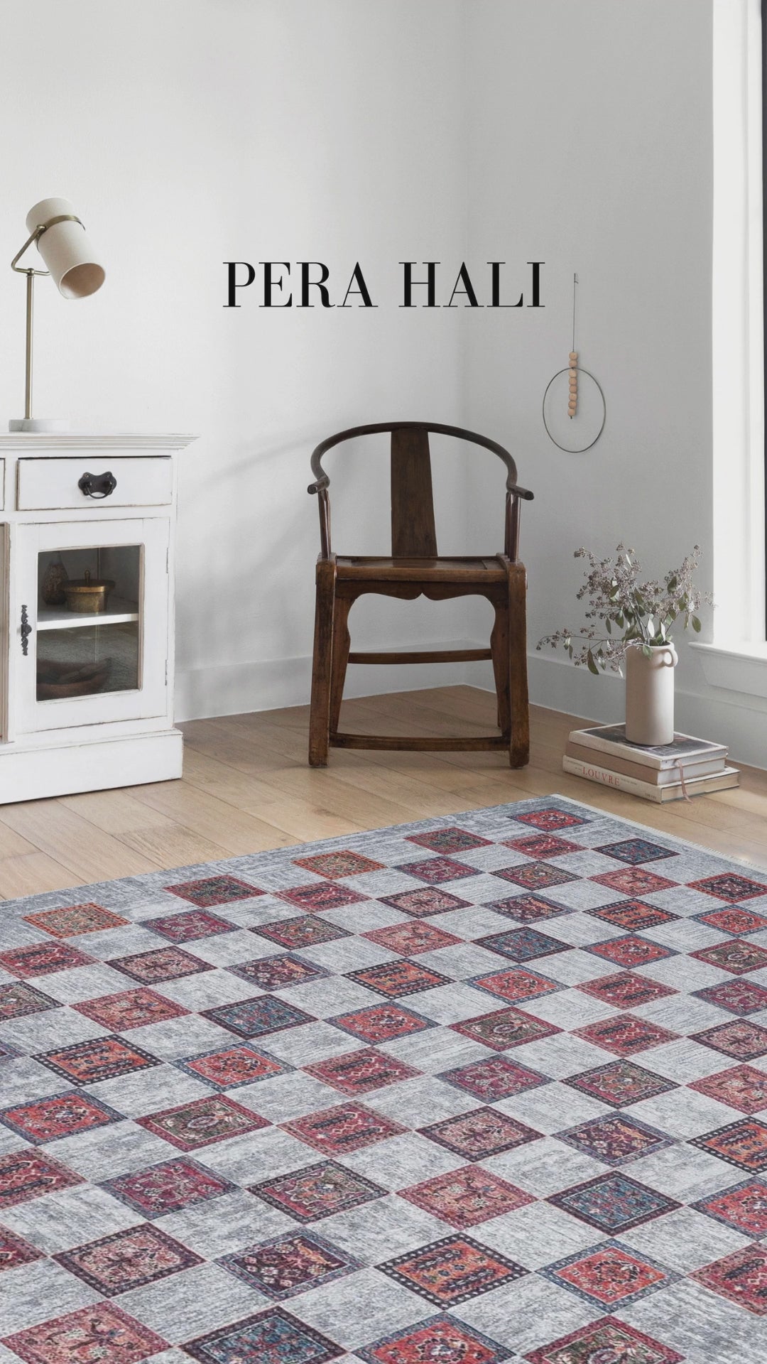 Videoyu yükle: Bej Pembe Gri Geometrik Desenli Halı