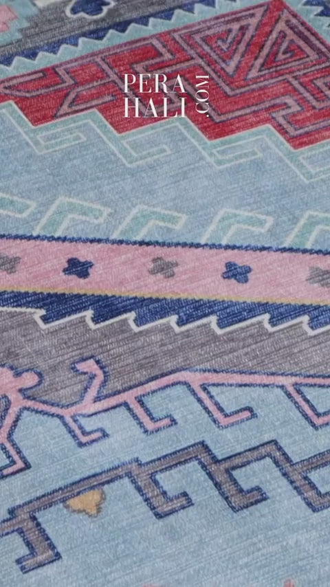 Videoyu yükle: Geometrik Madalyon Desenli Mavi ve Pembe Etnik Halı