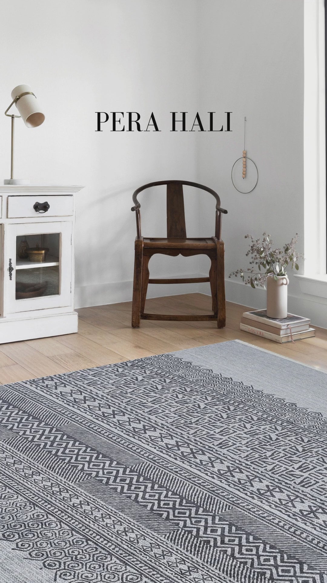 Videoyu yükle: Gri Etnik Geometrik Desenli Modern Bohem Halı