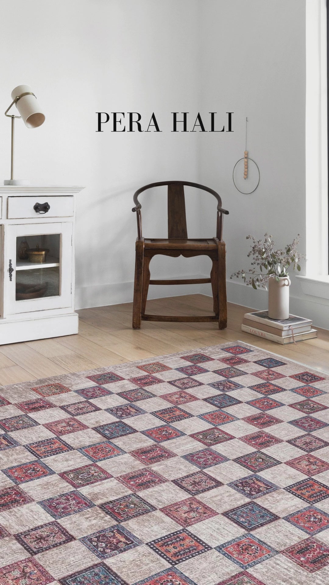 Videoyu yükle: Bej Pembe Gri Geometrik Desenli Halı