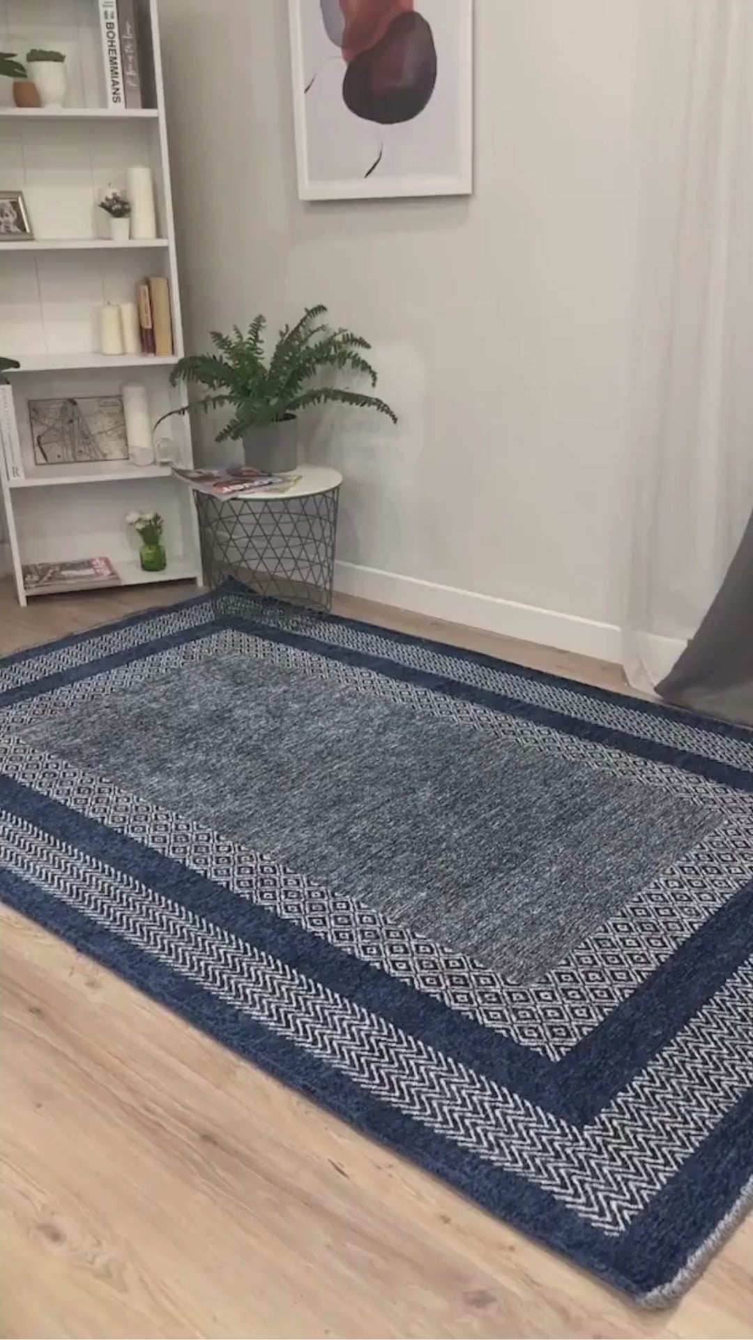 Video laden: Moderner, blauer, waschbarer und antibakterieller Wohnzimmerteppich
