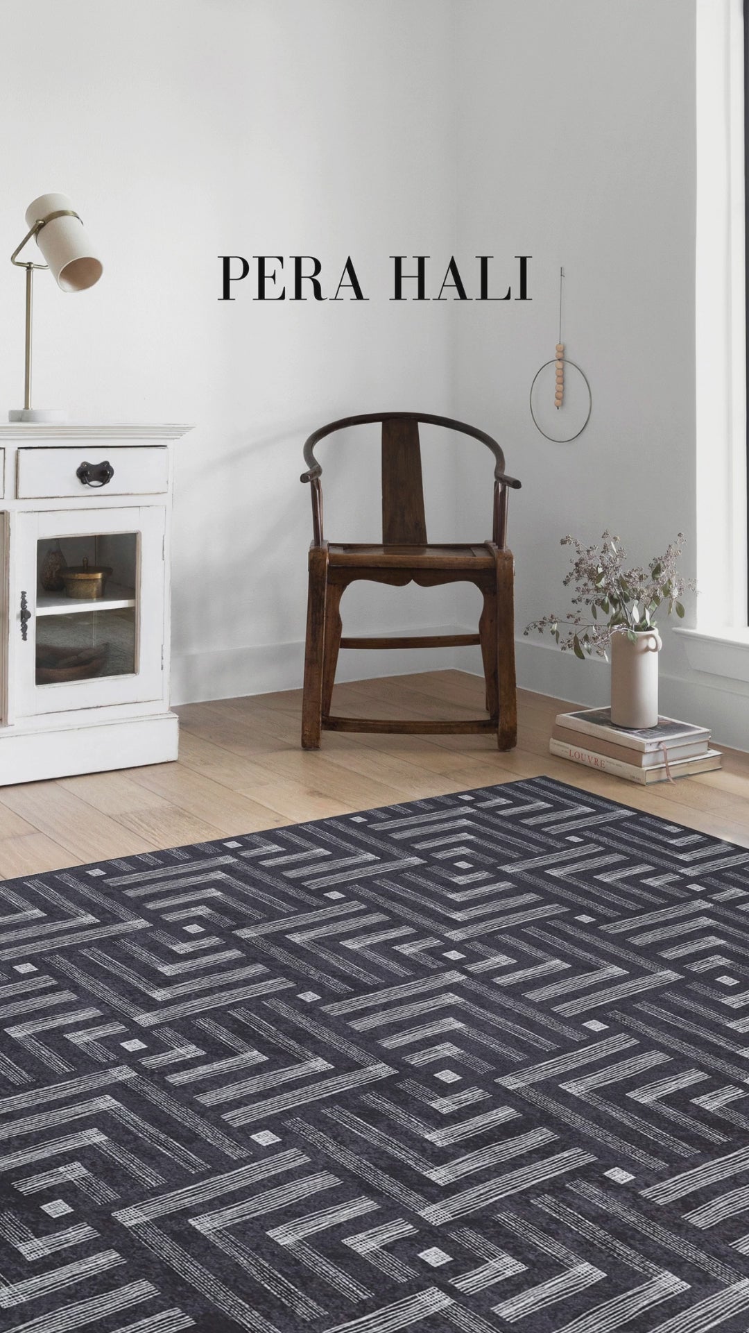 Video laden: Geometrisch gemusterter Beige-Braun-Schwarz-Weiß-Modern-Teppich