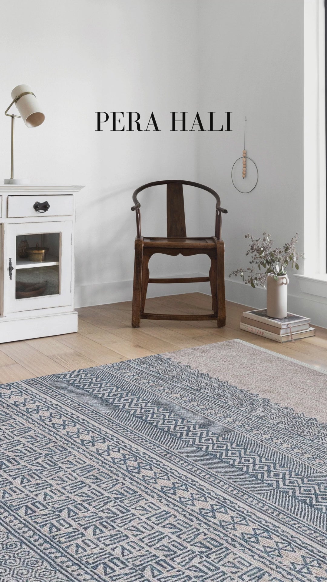 Videoyu yükle: Bej Mavi Etnik Desenli Geometrik Anadolu Kilim Halı