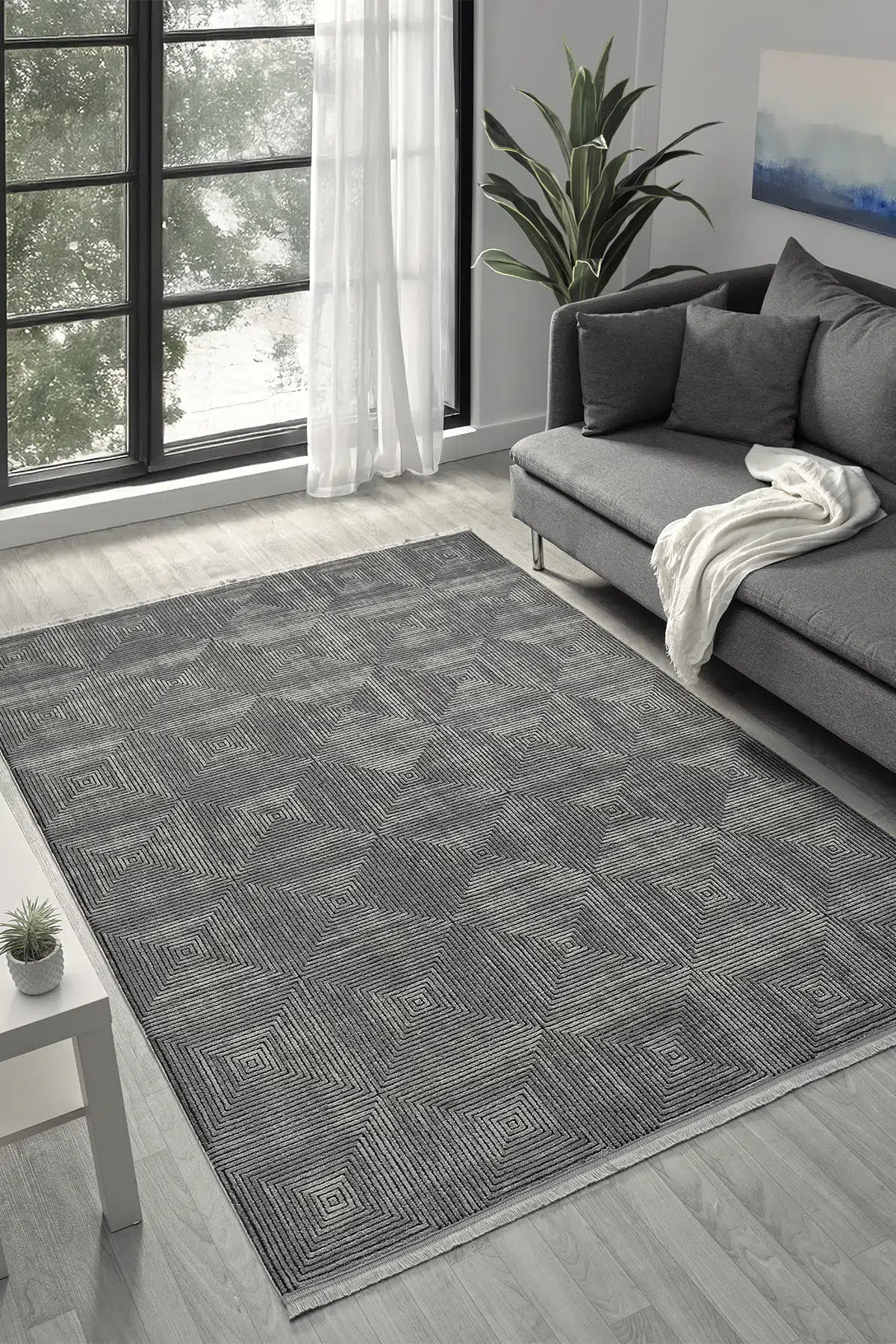 Antrasit Geometrik Kare Desenli Modern Halı 200x290 cm