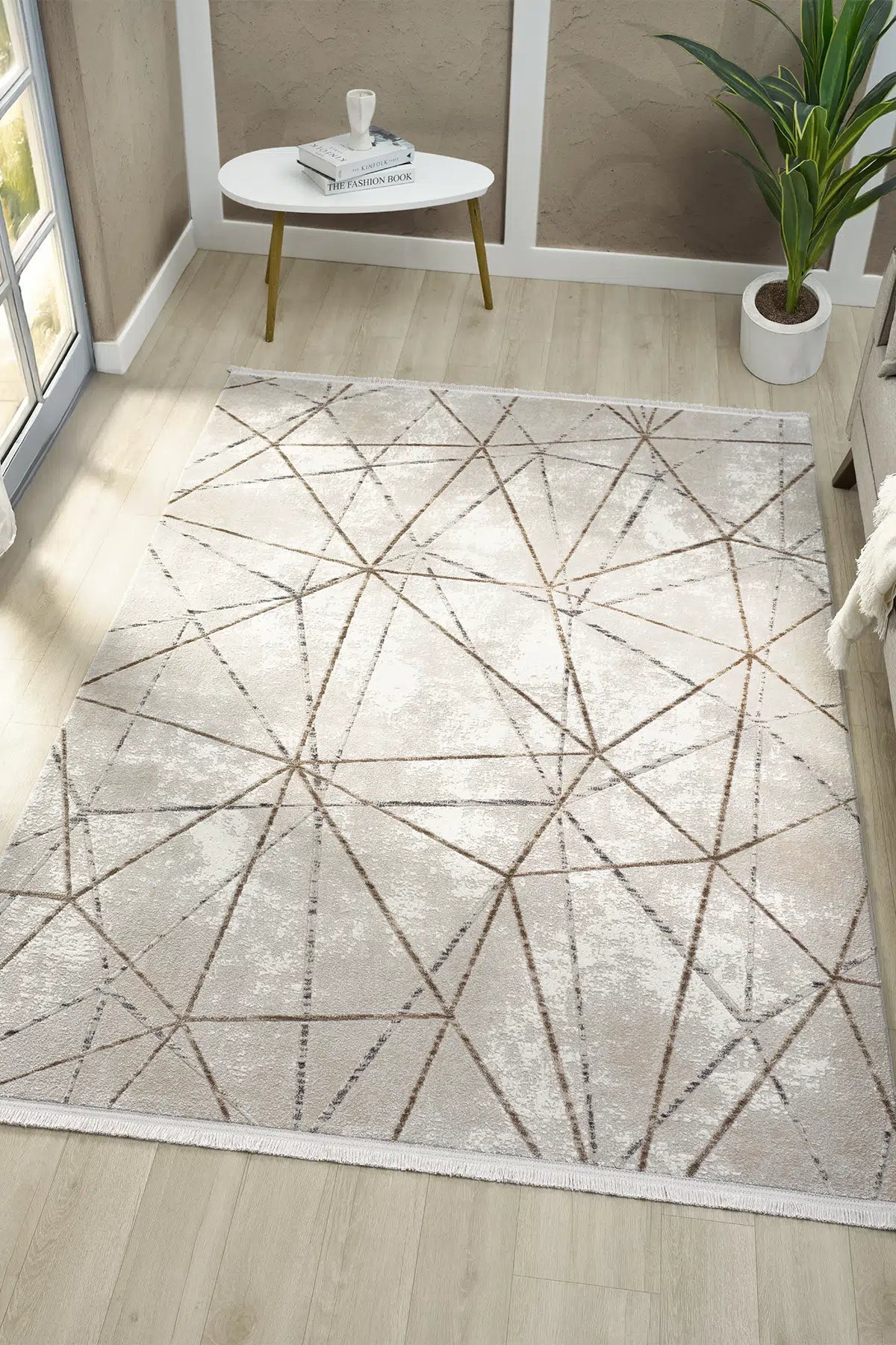 Krem Kahve Geometrik Çizgi Desenli Modern Halı 200x290 cm