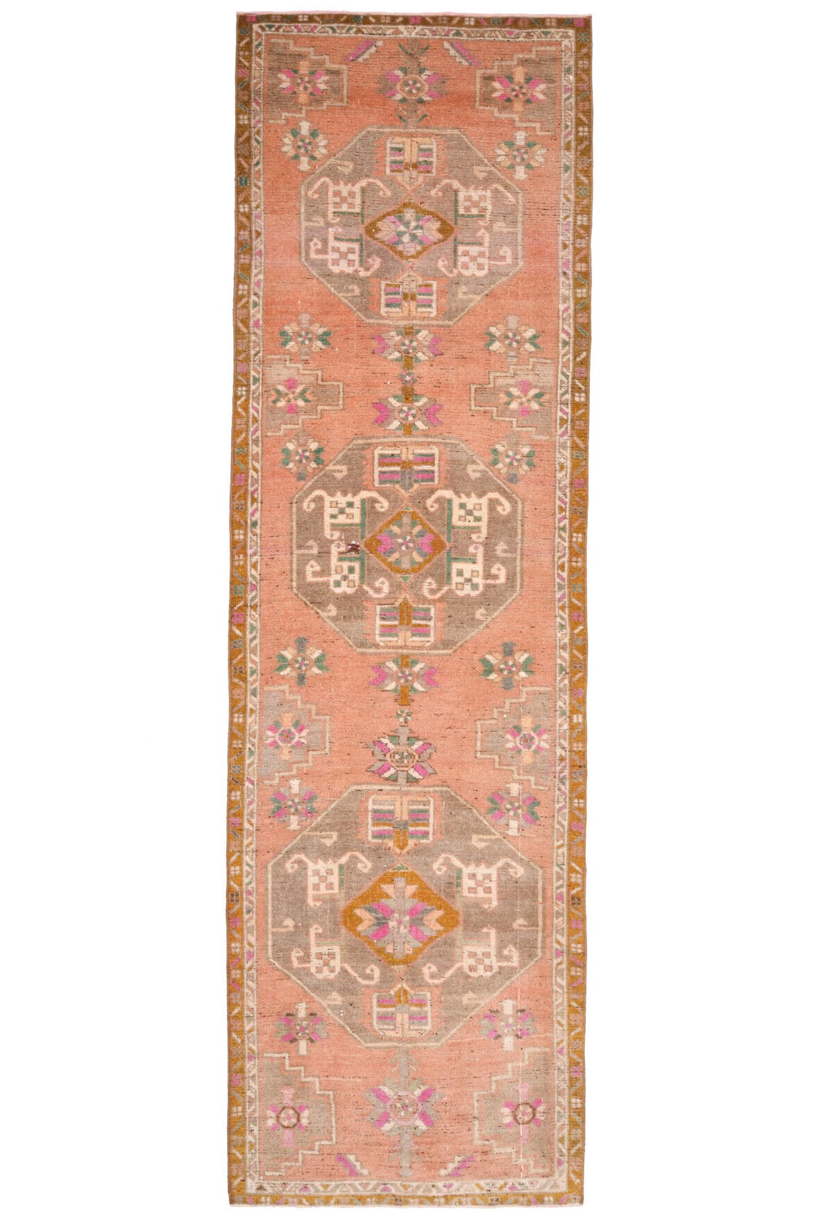 114x380 cm turuncu oryantal desenli el dokuma vintage yolluk – üstten tam görünüm