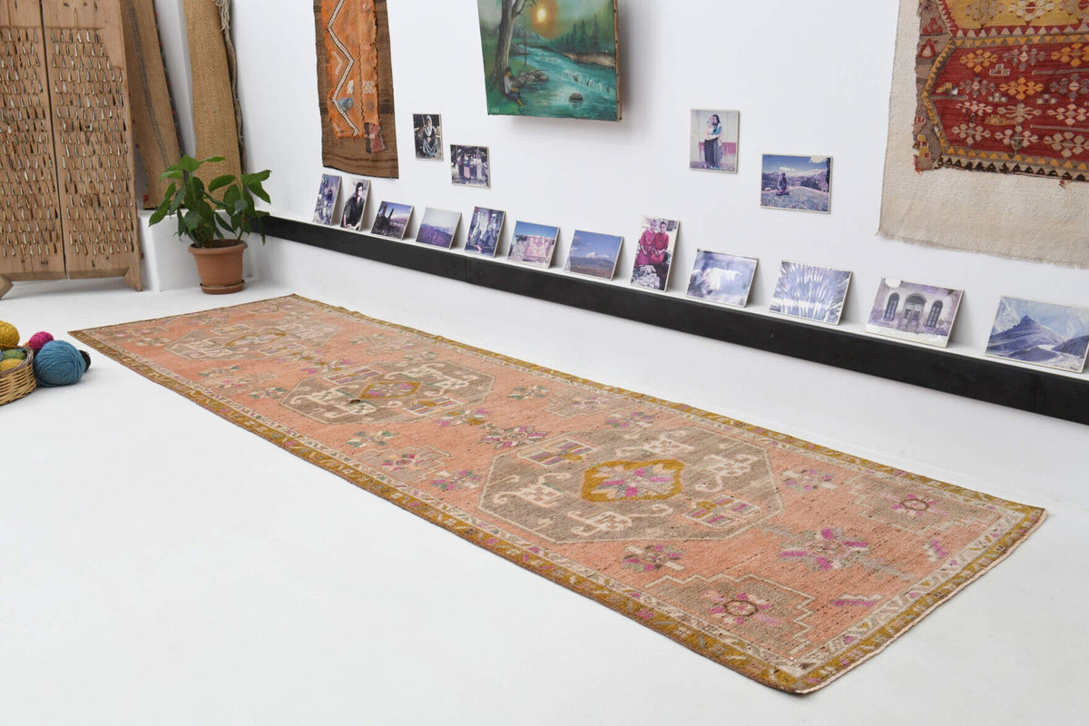 El yapımı vintage yolluk 112x381 cm oryantal desenli yün - detay görünümü