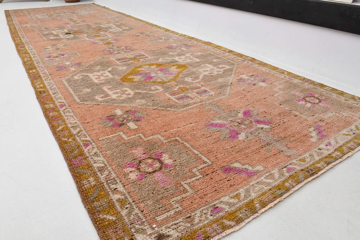 El yapımı vintage yolluk 112x381 cm oryantal desenli yün - yakın çekim doku detayı