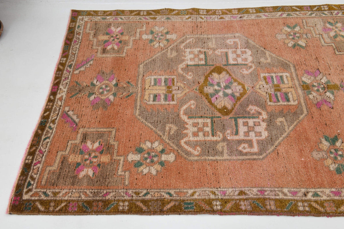 Vintage yolluk 114x380 cm – turuncu oryantal desenli, el dokuma