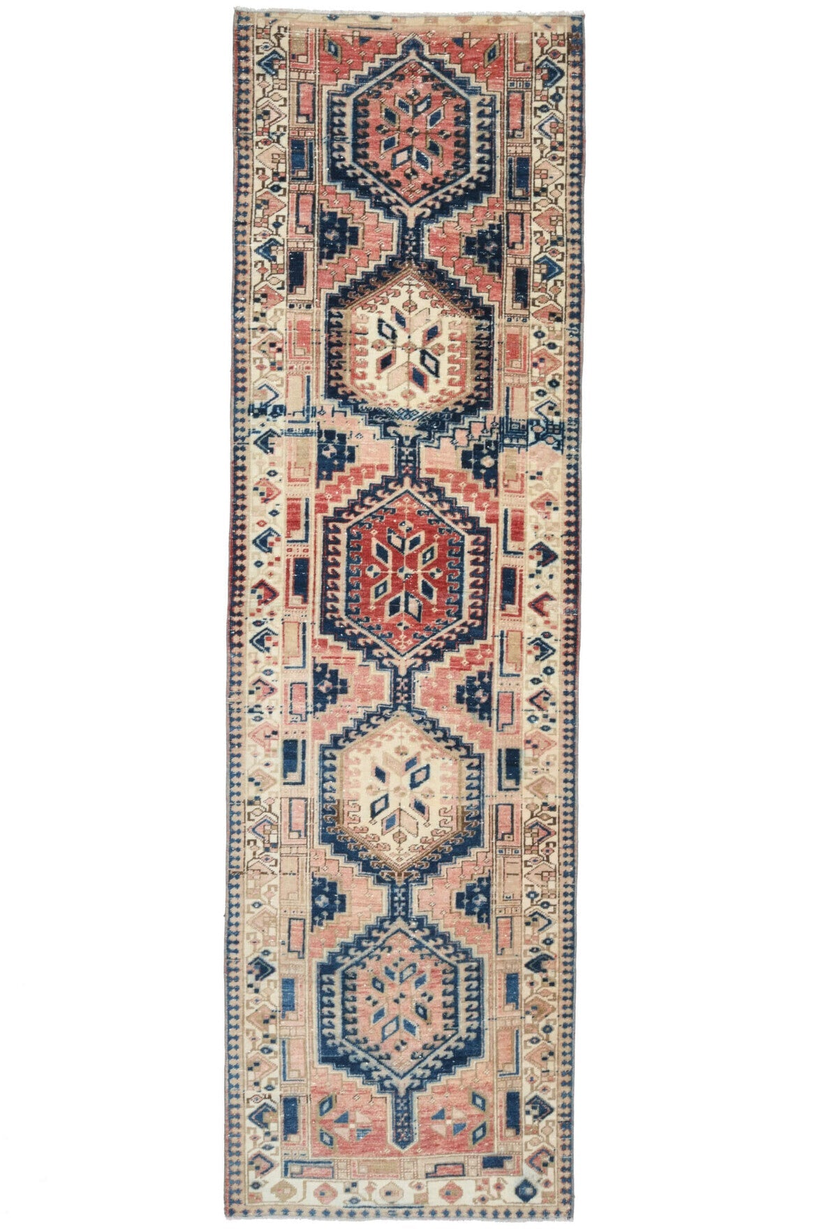 96x329 cm turuncu ve gri oryantal desenli el dokuma vintage yolluk – üstten tam görünüm