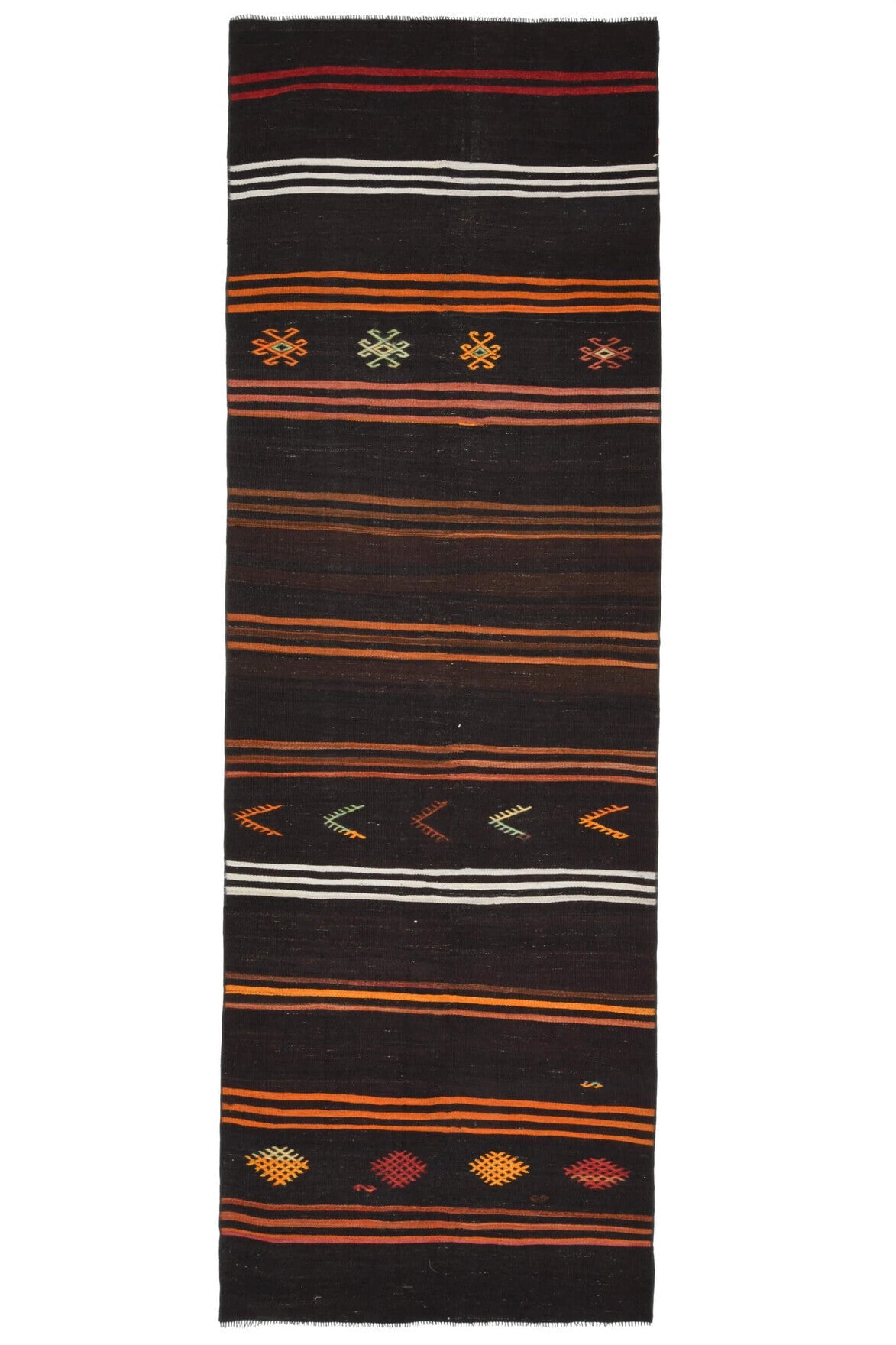117x357 cm siyah ve kahverengi oryantal desenli vintage kilim yolluk – üstten tam görünüm