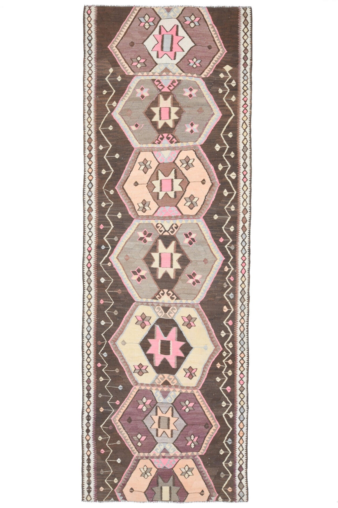 120x349 cm turuncu, kahverengi ve bej oryantal desenli vintage kilim yolluk – üstten tam görünüm