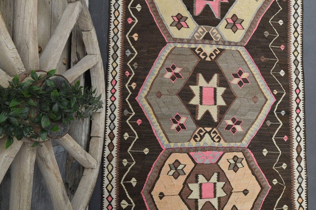 Vintage yolluk 120x349 cm – turuncu, kahverengi ve bej oryantal desenli, el dokuma