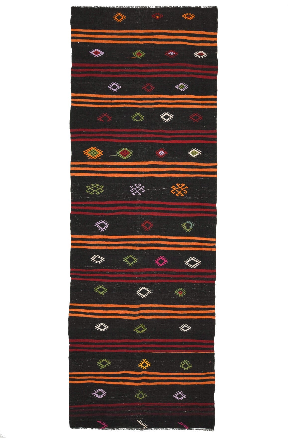 142x413 cm siyah, kırmızı ve kahverengi oryantal desenli vintage kilim yolluk – üstten tam görünüm