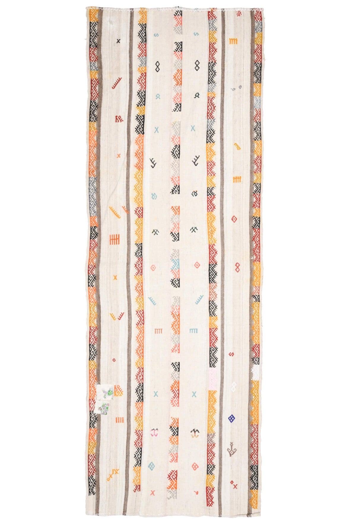 116x344 cm bej, turuncu ve beyaz oryantal desenli vintage kilim yolluk – üstten tam görünüm