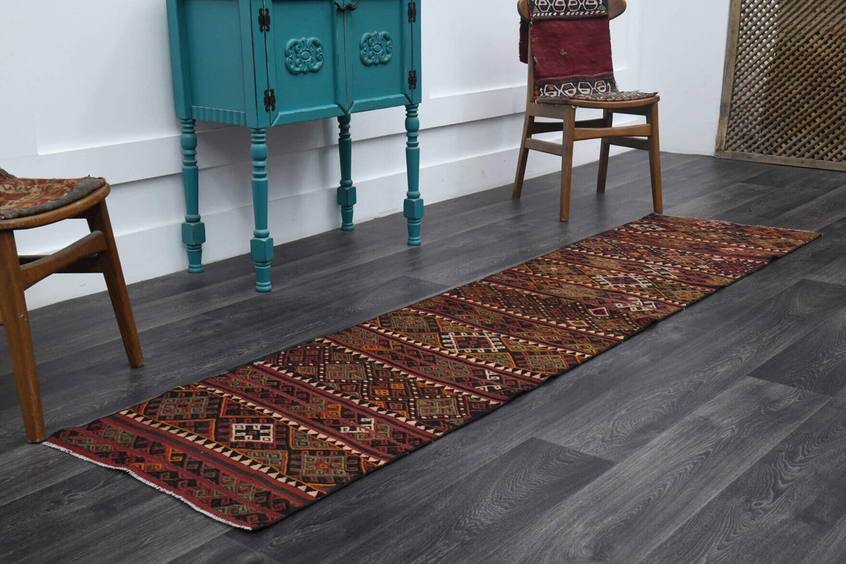 El yapımı vintage yolluk 64x272 cm oryantal desenli yün - yakın çekim doku detayı