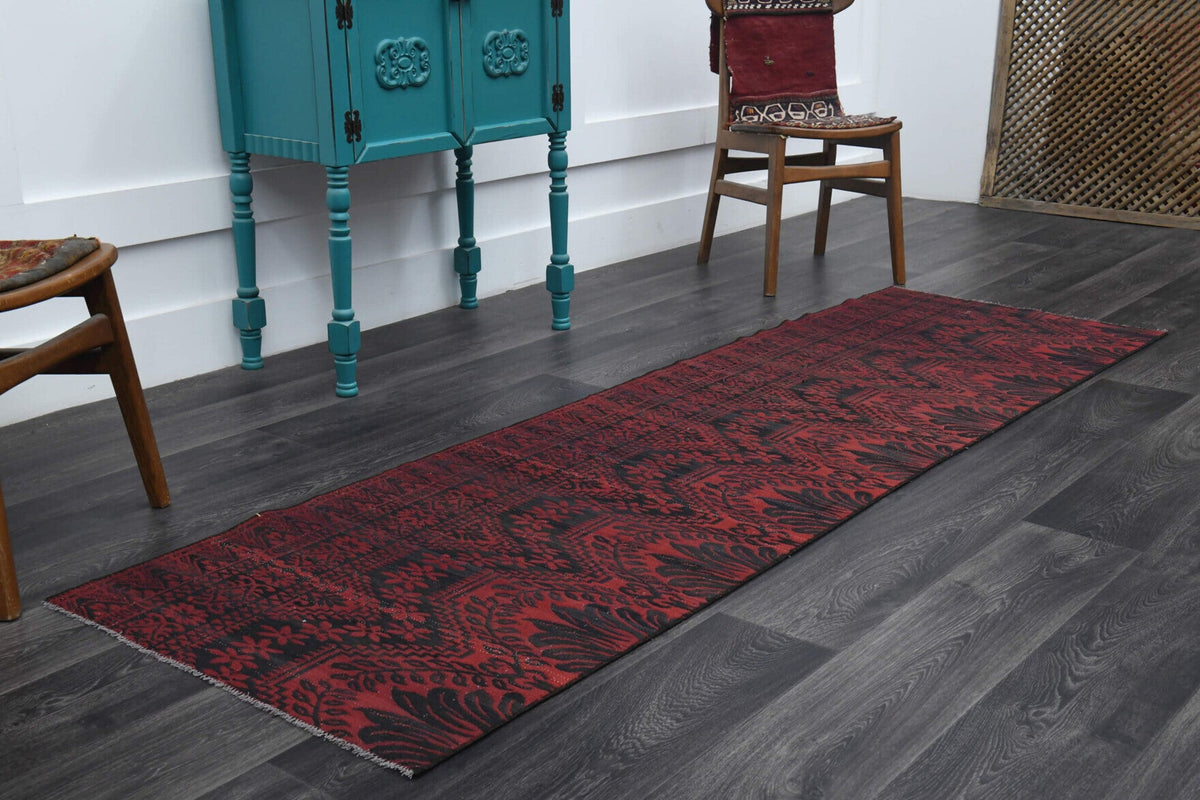 El yapımı vintage yolluk 79x259 cm oryantal desenli yün - yakın çekim doku detayı
