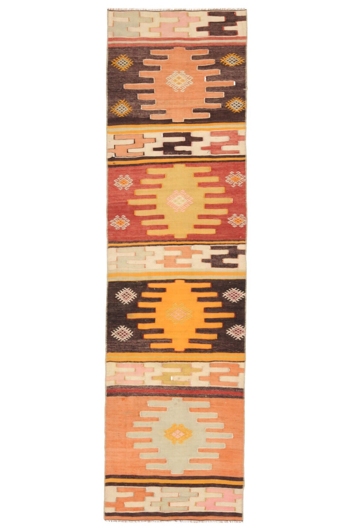60x217 cm turuncu, kırmızı ve kahverengi oryantal desenli vintage kilim yolluk – üstten tam görünüm