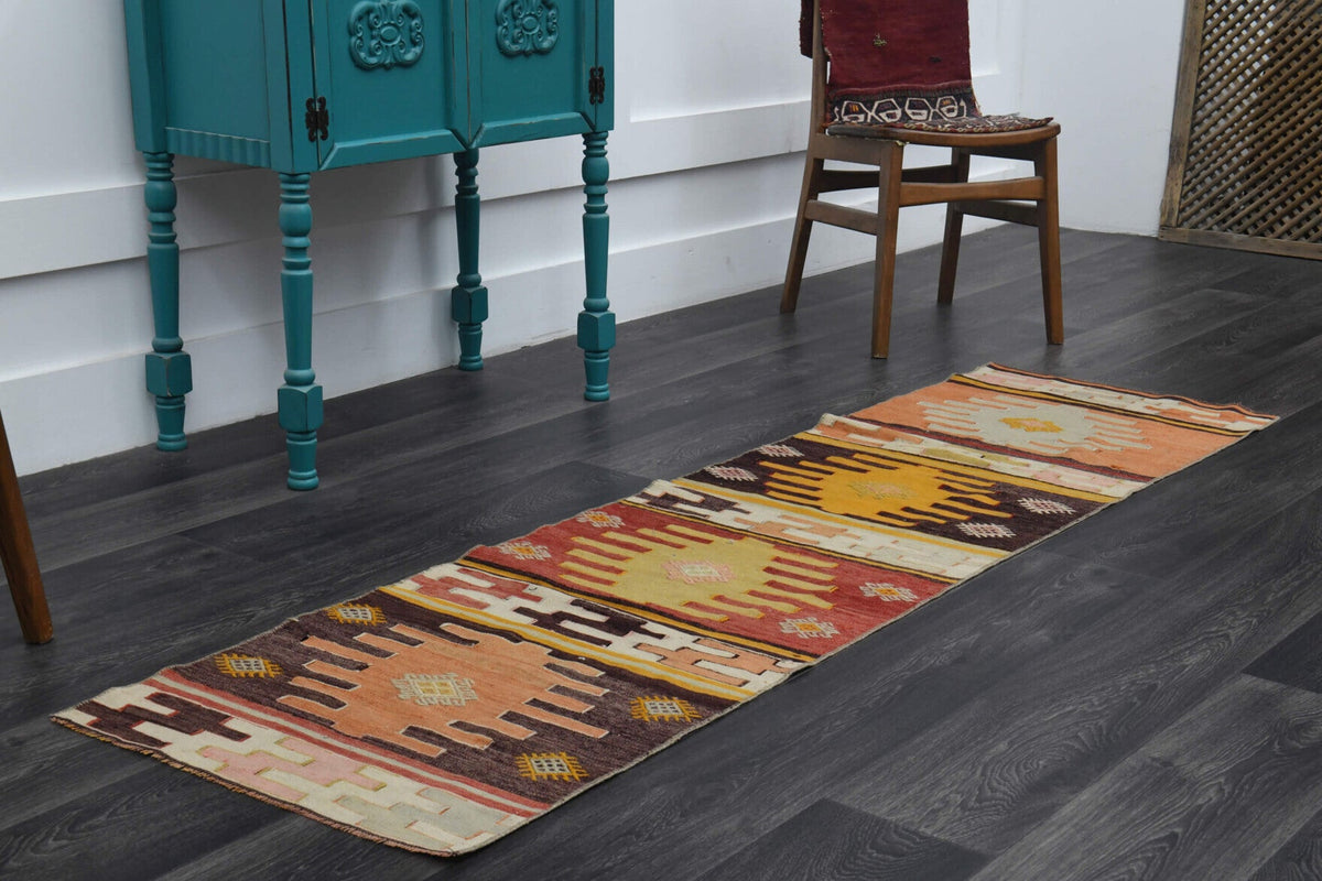 El yapımı vintage yolluk 61x216 cm oryantal desenli yün - yakın çekim doku detayı