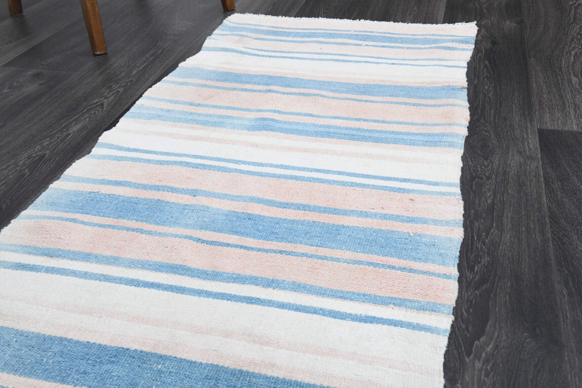 Mavi renkli vintage kilim yolluk, %100 yün dokuma