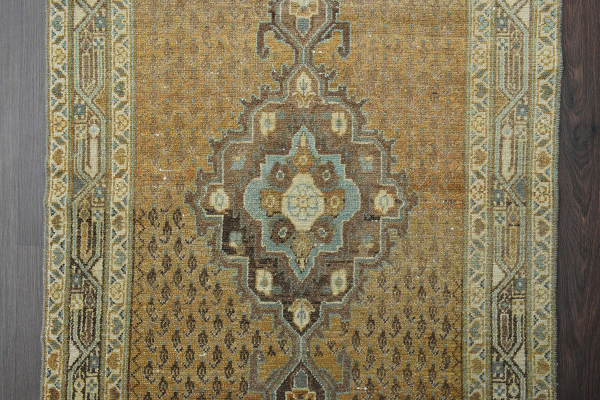 Vintage yolluk 100x358 cm – turuncu, sarı ve bej oryantal desenli, el dokuma