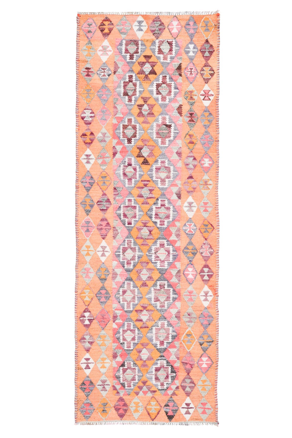98x282 cm pembe ve turuncu oryantal desenli vintage kilim yolluk – üstten tam görünüm