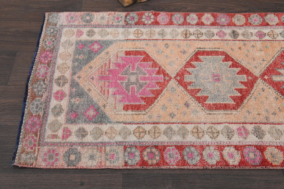 Turuncu ve pembe renkli el dokuma vintage yolluk, yün hav, pamuk taban