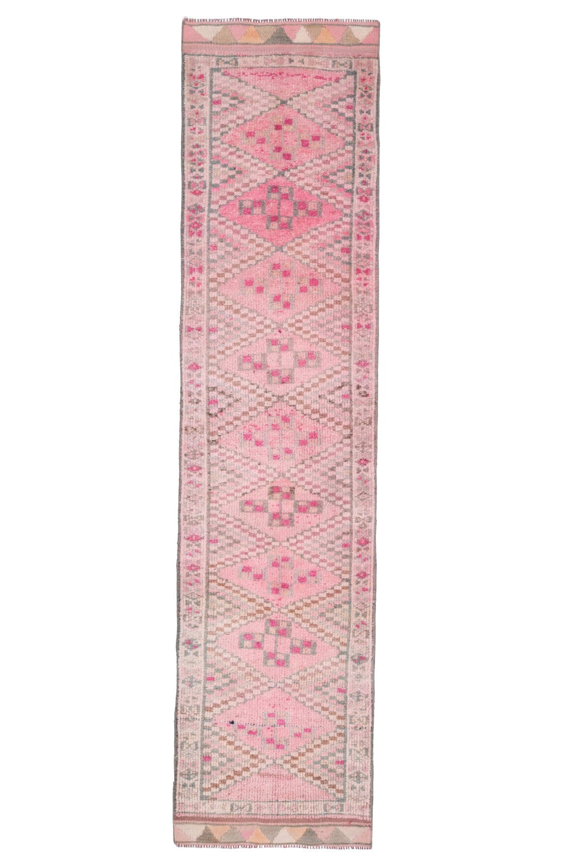 82x346 cm pembe oryantal desenli el dokuma vintage yolluk – üstten tam görünüm
