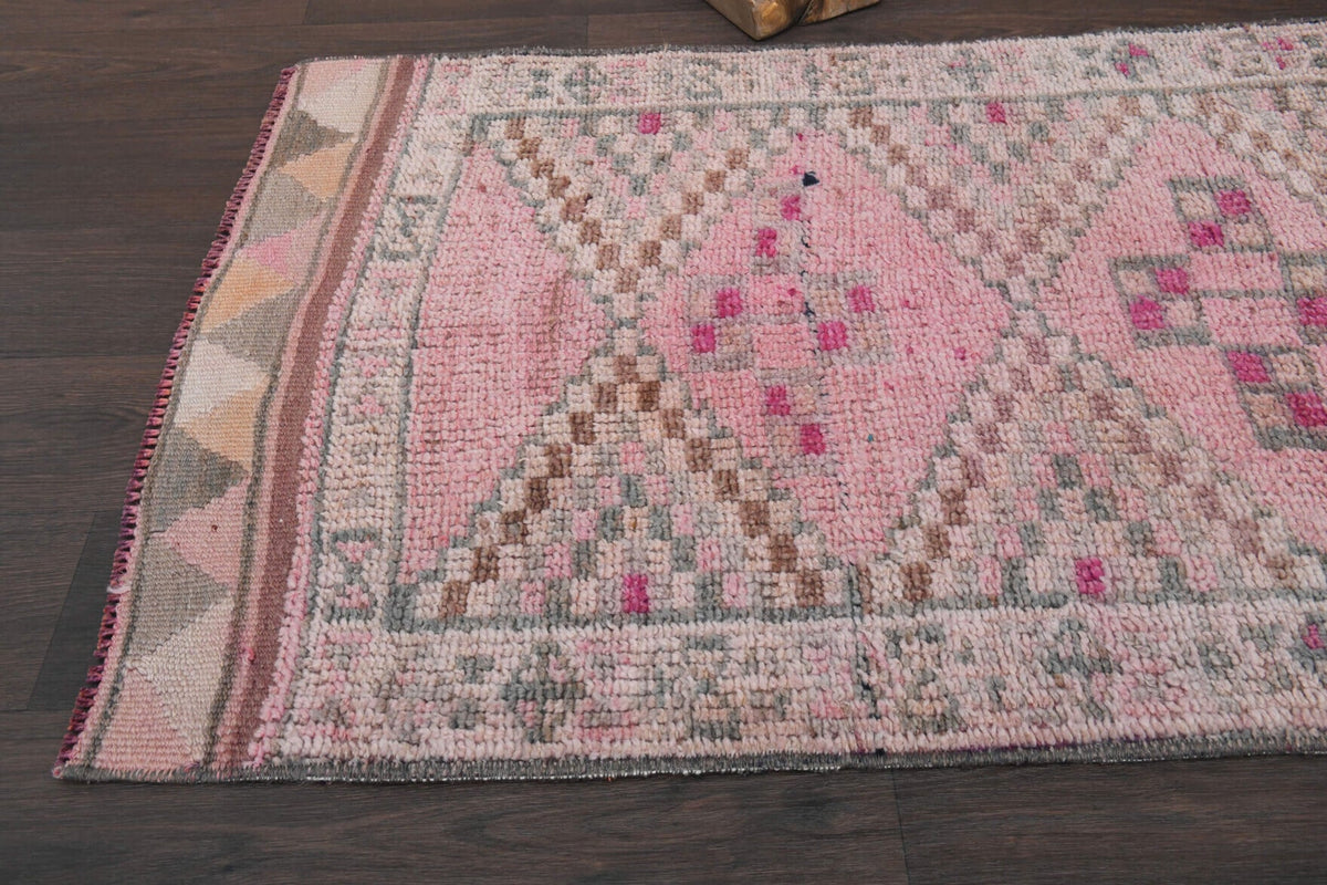 Pembe renkli el dokuma vintage yolluk, yün hav, pamuk taban