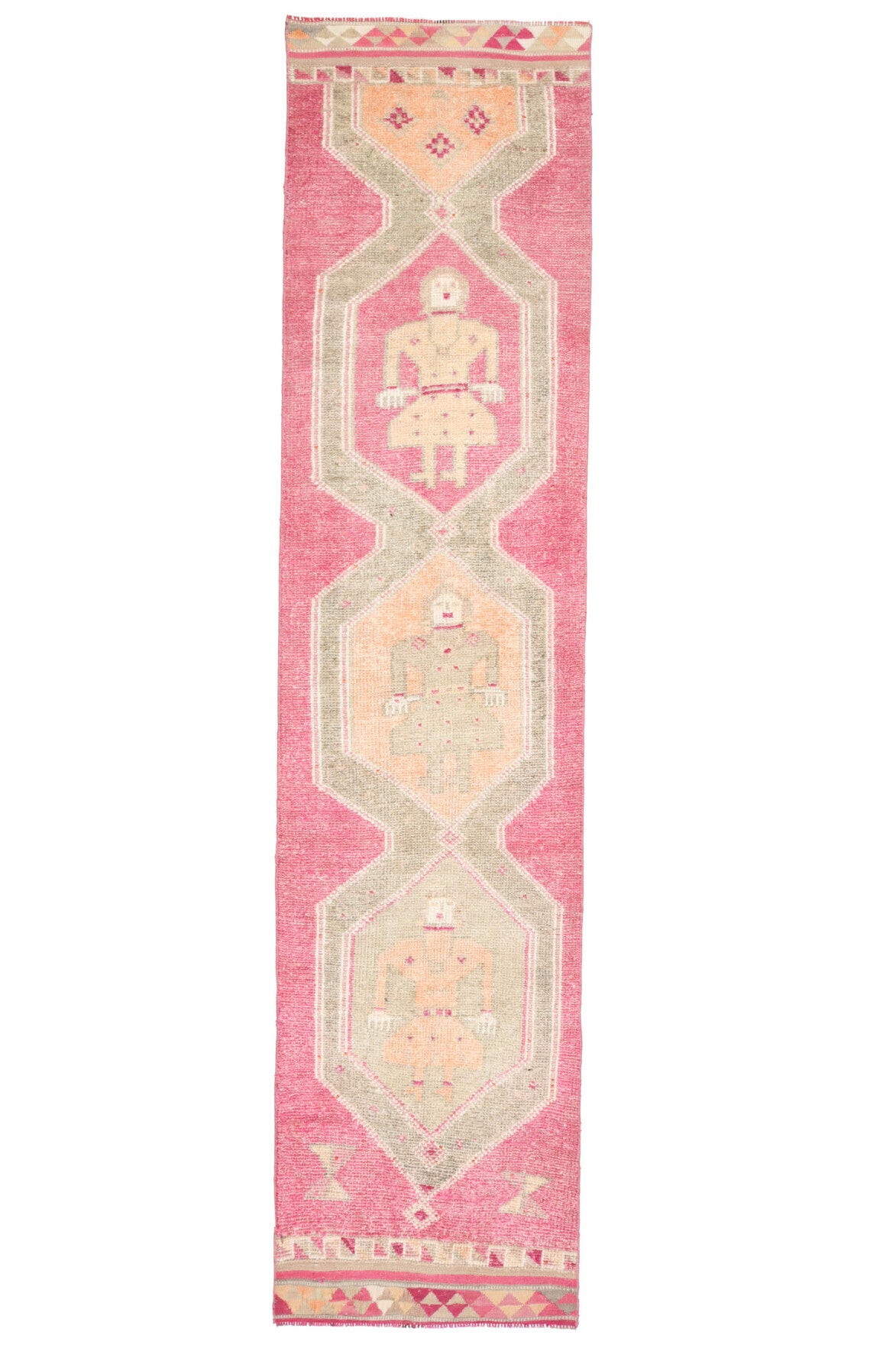 85x370 cm turuncu ve pembe oryantal desenli el dokuma vintage yolluk – üstten tam görünüm
