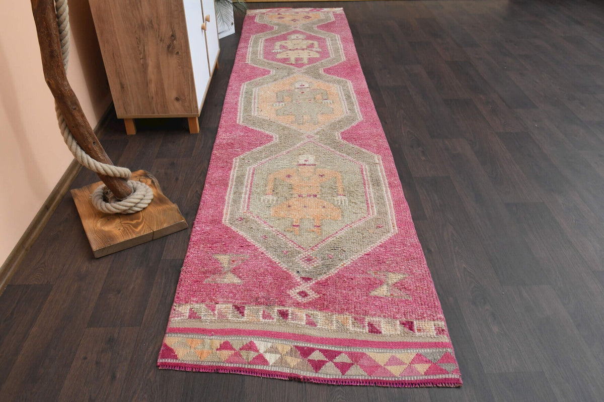 1970'lerden Anadolu kökenli oryantal desenli el dokuma vintage yolluk, 85x370 cm