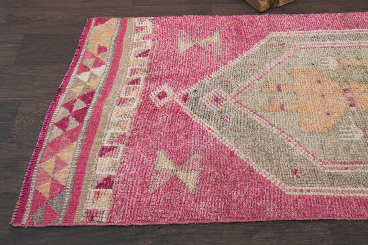 Turuncu ve pembe renkli el dokuma vintage yolluk, yün hav, pamuk taban