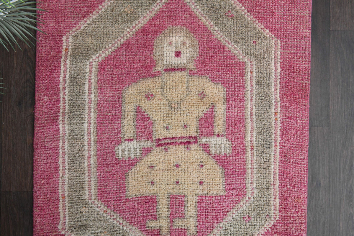 Vintage yolluk 85x370 cm – turuncu ve pembe oryantal desenli, el dokuma