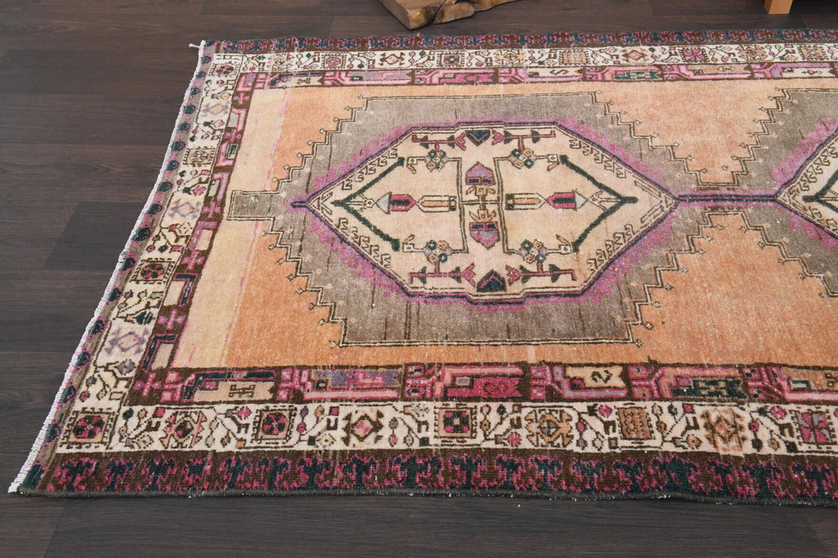 Turuncu ve pembe renkli el dokuma vintage yolluk, yün hav, pamuk taban