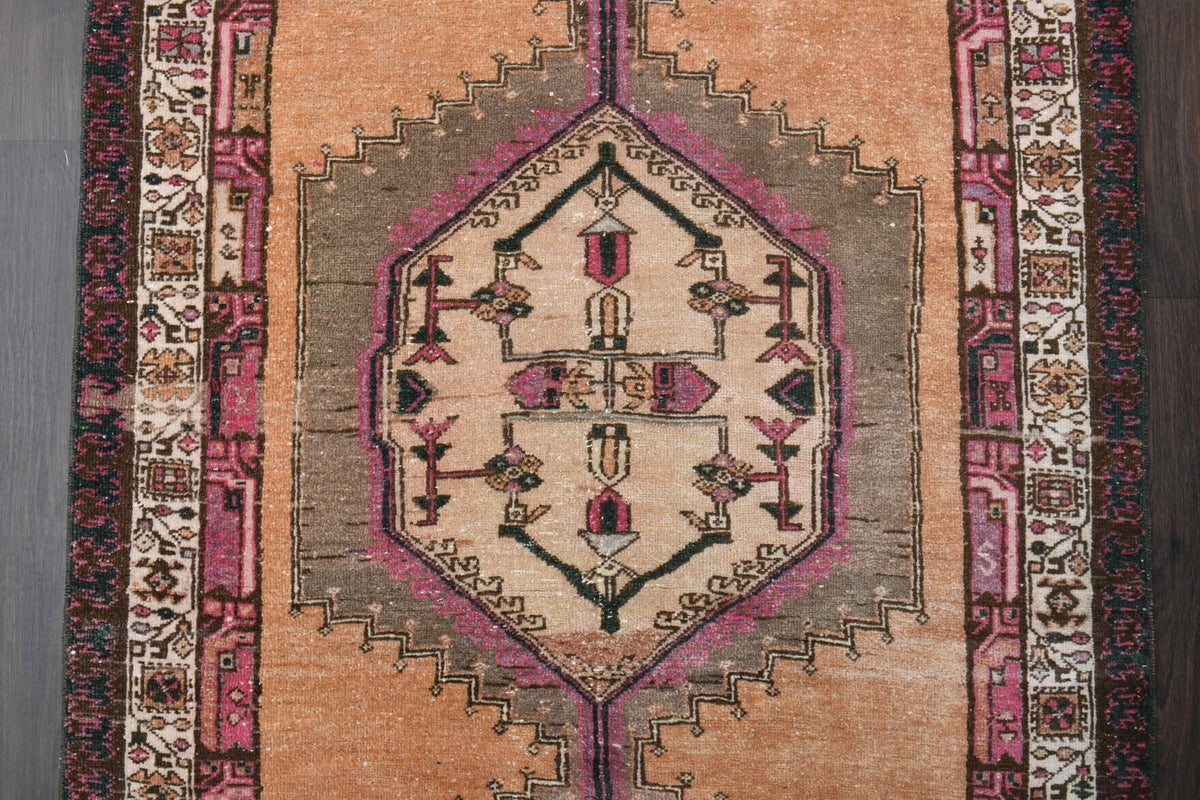 Vintage yolluk 113x317 cm – turuncu ve pembe oryantal desenli, el dokuma