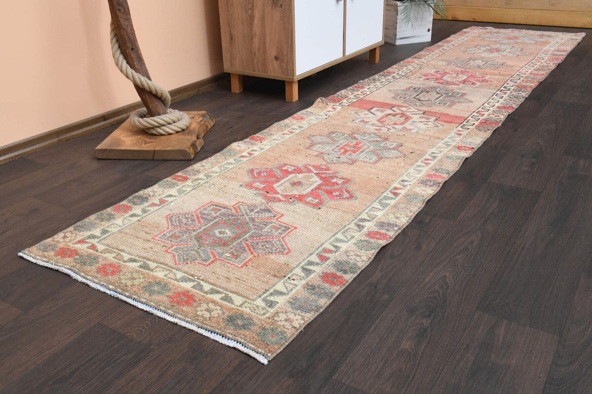 El yapımı vintage yolluk 79x371 cm oryantal desenli yün - kenar ve saçak detayı