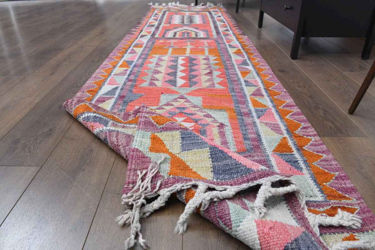 El yapımı vintage yolluk 86x345 cm oryantal desenli yün - yakın çekim doku detayı