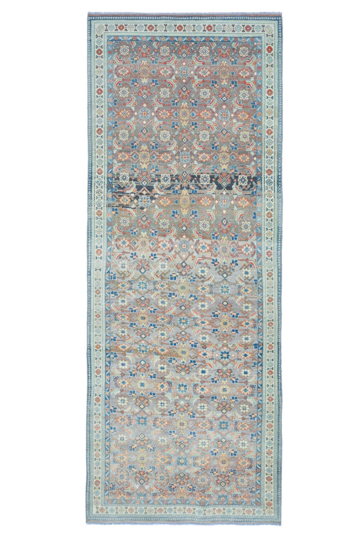 118x309 cm gri, mavi ve bej oryantal desenli el dokuma vintage yolluk – üstten tam görünüm