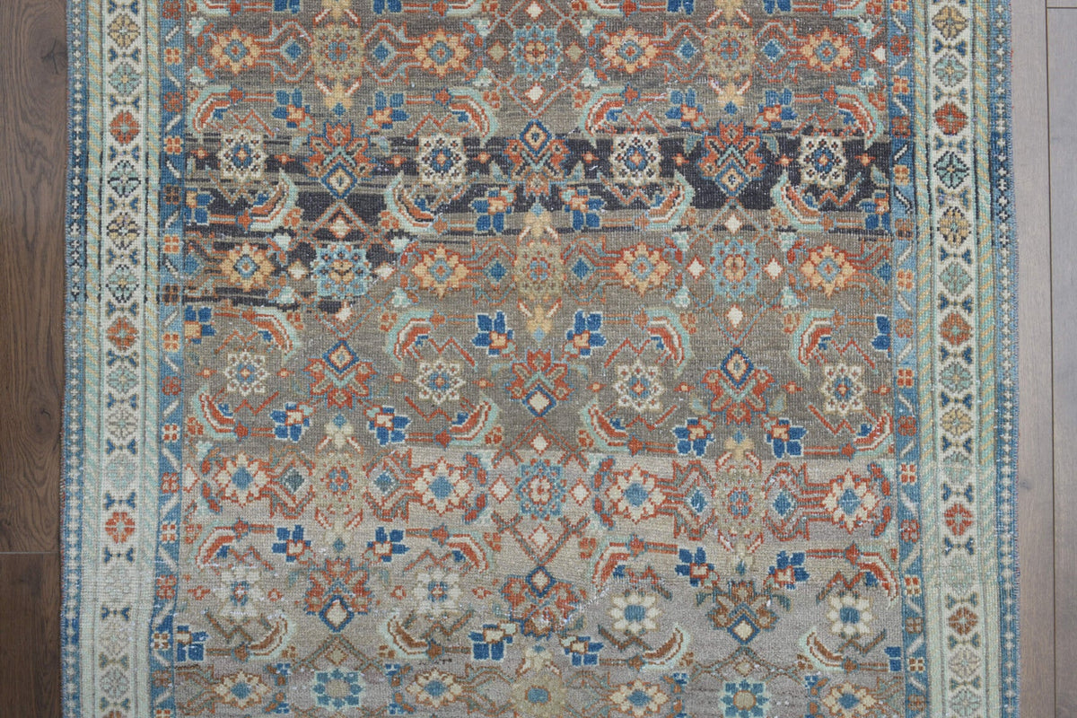 Vintage yolluk 118x309 cm – gri, mavi ve bej oryantal desenli, el dokuma