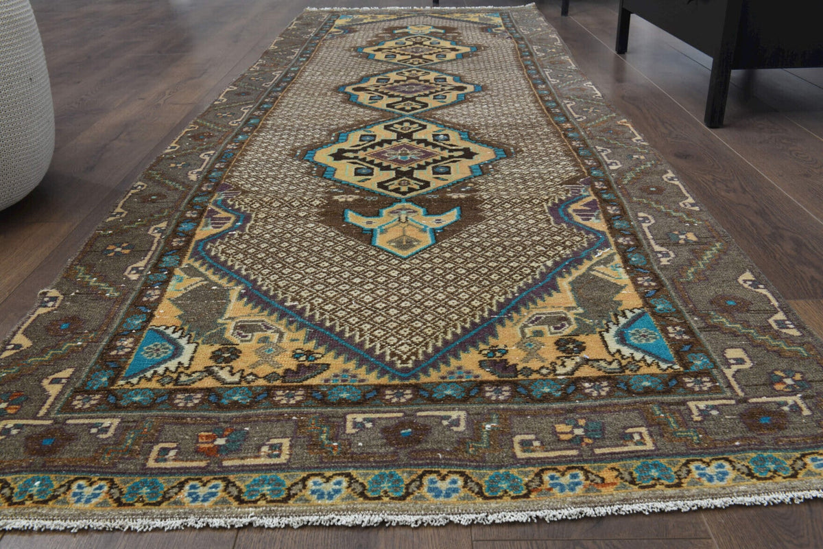 El yapımı vintage yolluk 97x305 cm oryantal desenli yün - yakın çekim doku detayı