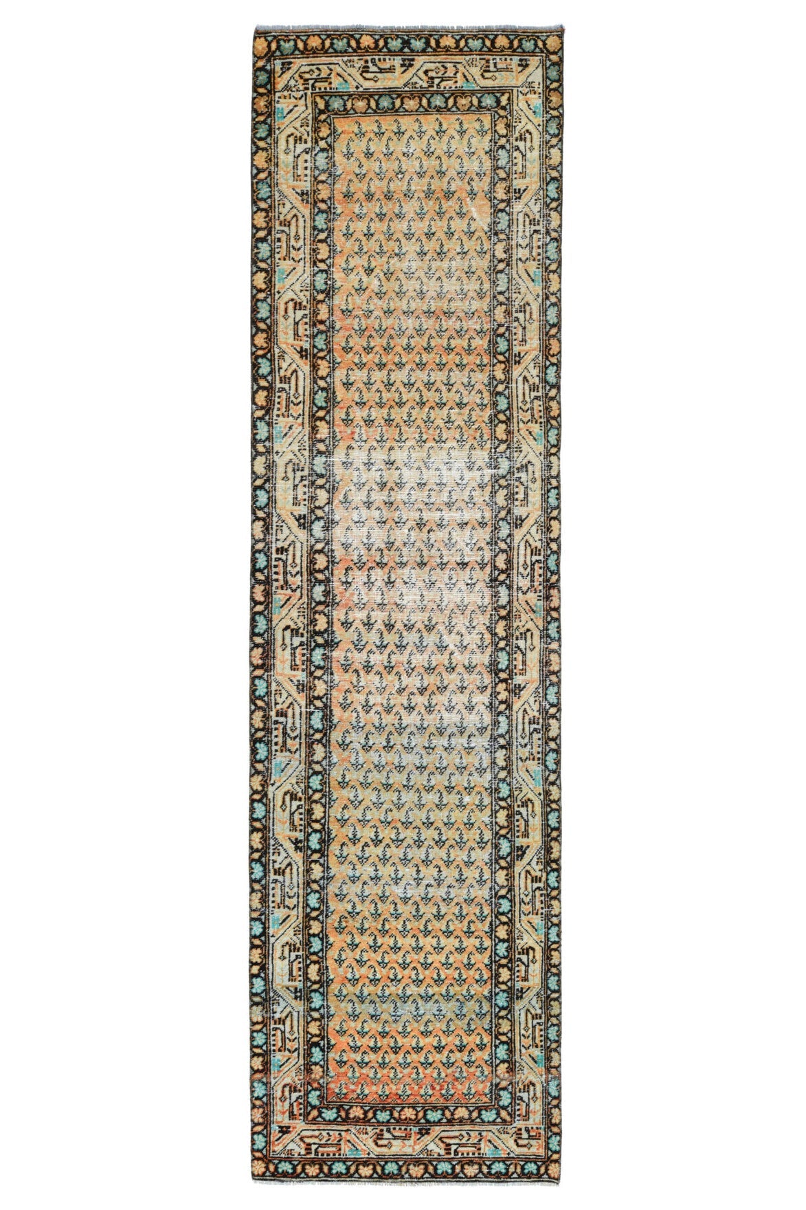 82x311 cm turuncu, kahverengi ve bej oryantal desenli el dokuma vintage yolluk – üstten tam görünüm