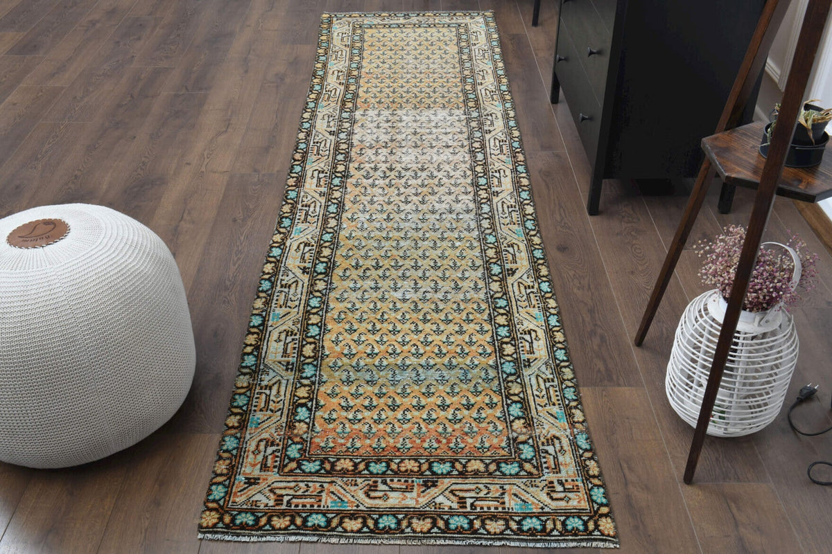 1970'lerden Anadolu kökenli oryantal desenli el dokuma vintage yolluk, 82x311 cm