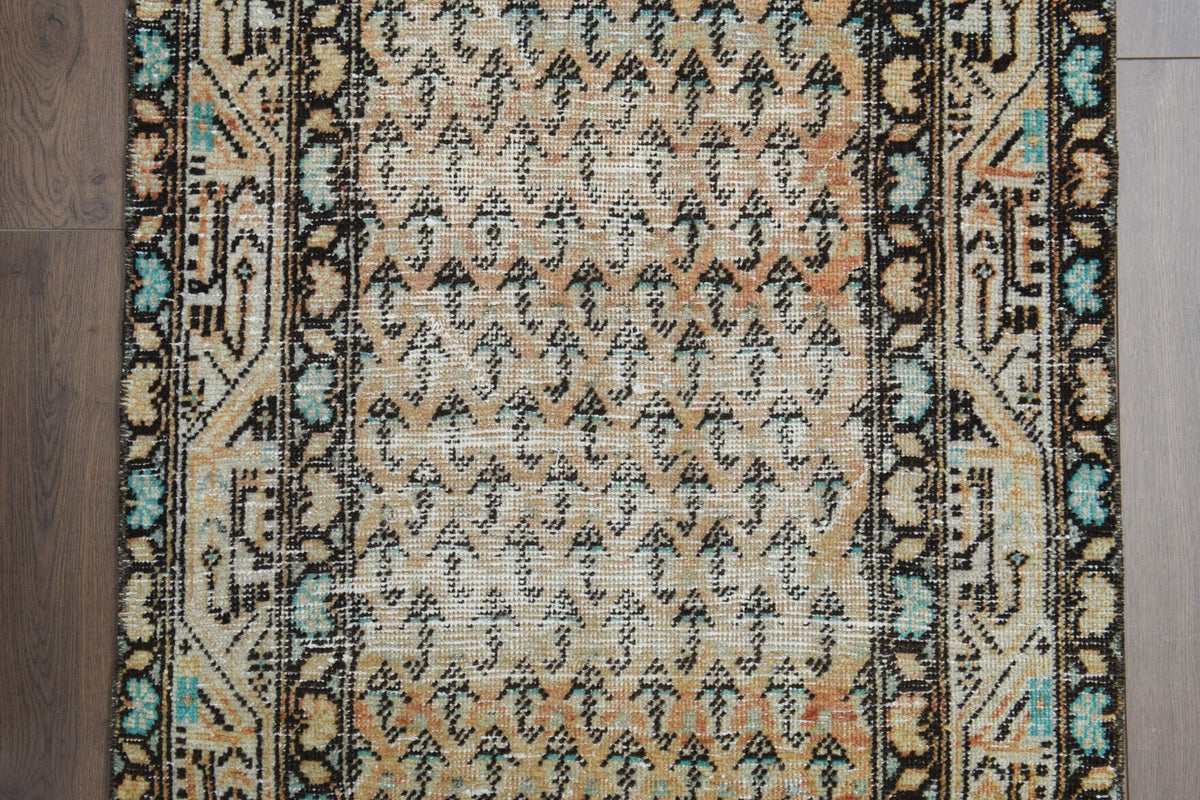 Vintage yolluk 82x311 cm – turuncu, kahverengi ve bej oryantal desenli, el dokuma