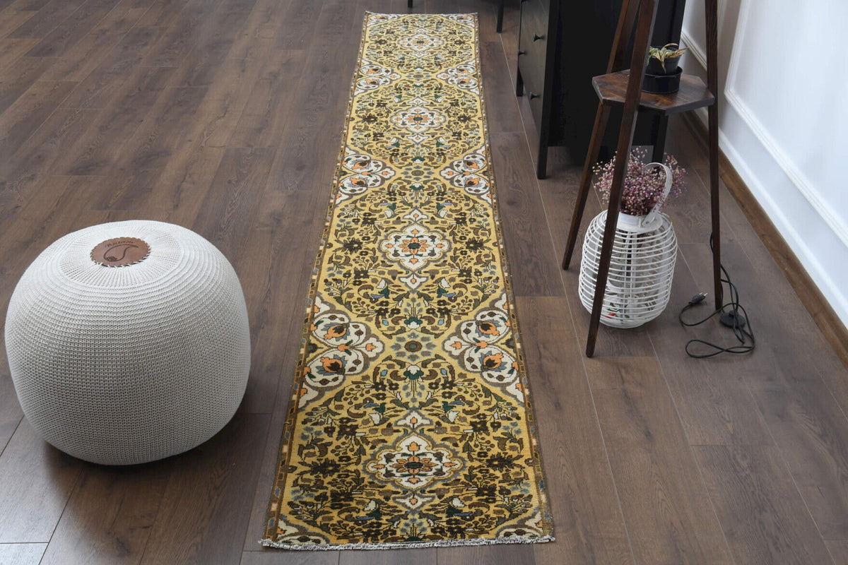 El yapımı vintage yolluk 58x378 cm oryantal desenli yün - detay görünümü