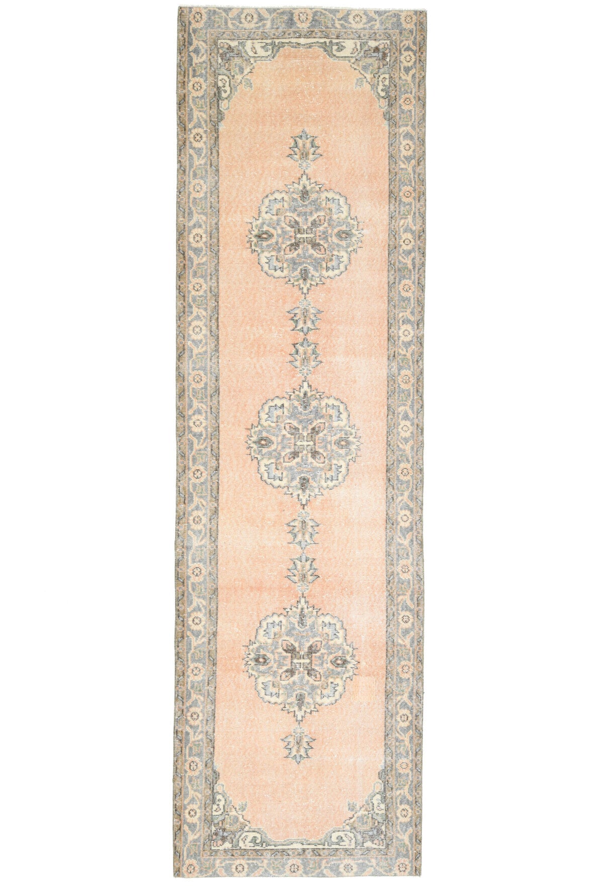 97x341 cm turuncu ve bej oryantal desenli el dokuma vintage yolluk – üstten tam görünüm