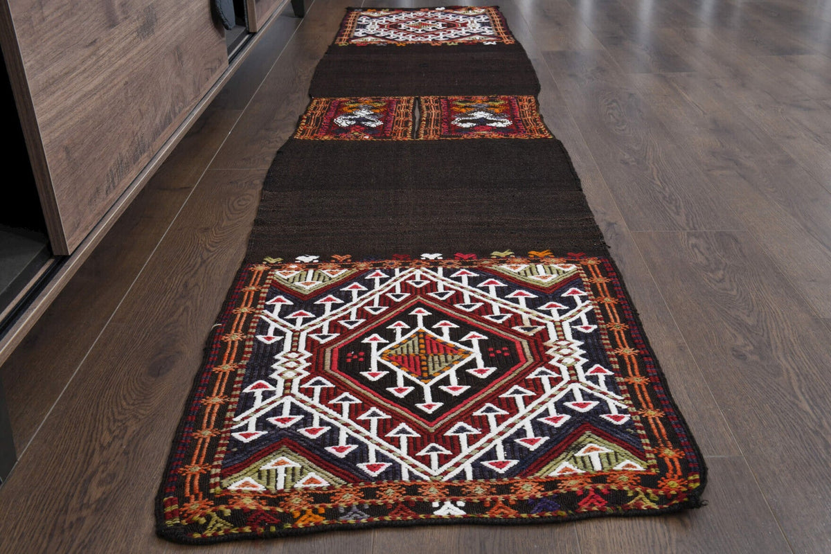 El yapımı vintage yolluk 58x246 cm oryantal desenli yün - yakın çekim doku detayı