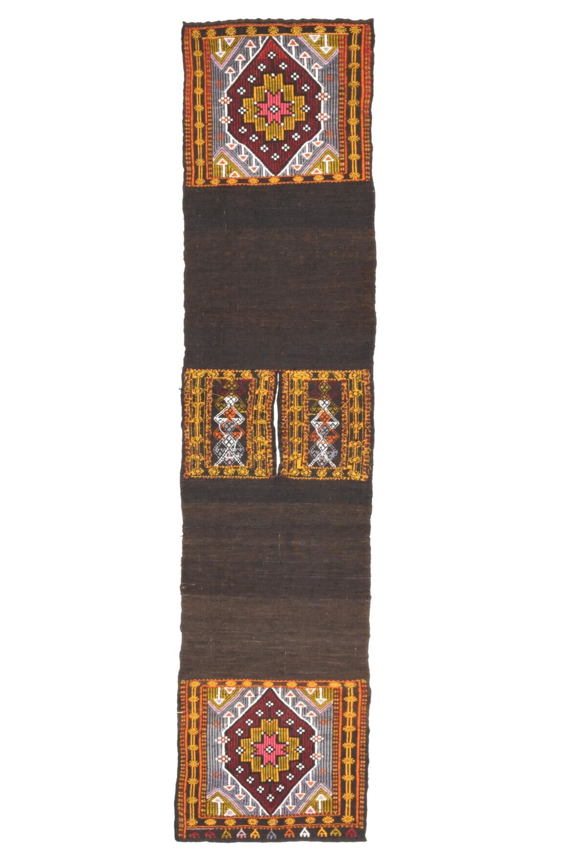 50x215 cm kahverengi, kırmızı ve turuncu oryantal desenli vintage kilim yolluk – üstten tam görünüm