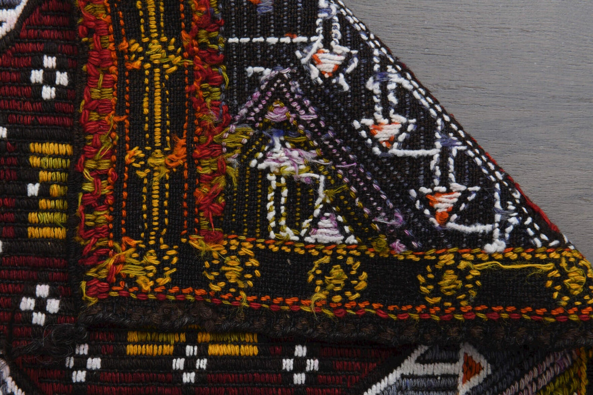 Kahverengi, kırmızı ve turuncu renkli vintage kilim yolluk, %100 yün dokuma
